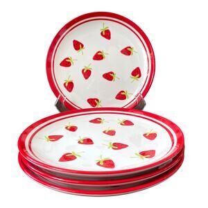 TERRAMOTO Strawberry Summer Ceramic 10.5" Plates Red and White Set of 4 NEW